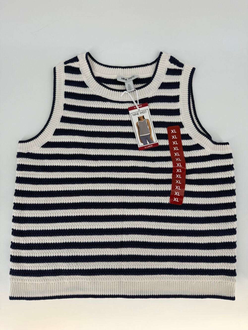 Nine West Jeans Crochet Knit Tank Top Women's XL Navy White Striped NWT